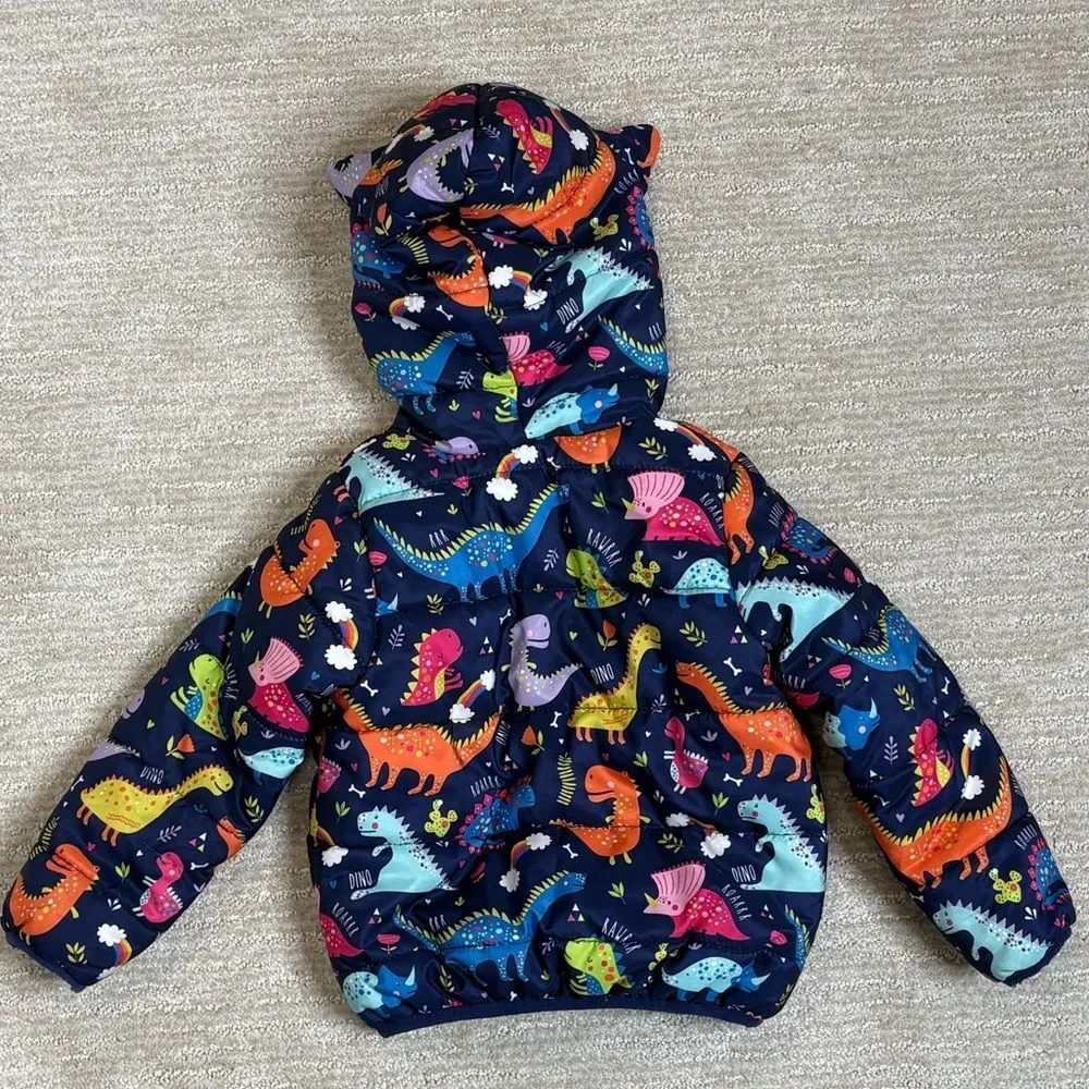 Patpat Dinosaur Rainbow Print Puffer Jacket Kids Size 3 Years Hooded Ears Unisex